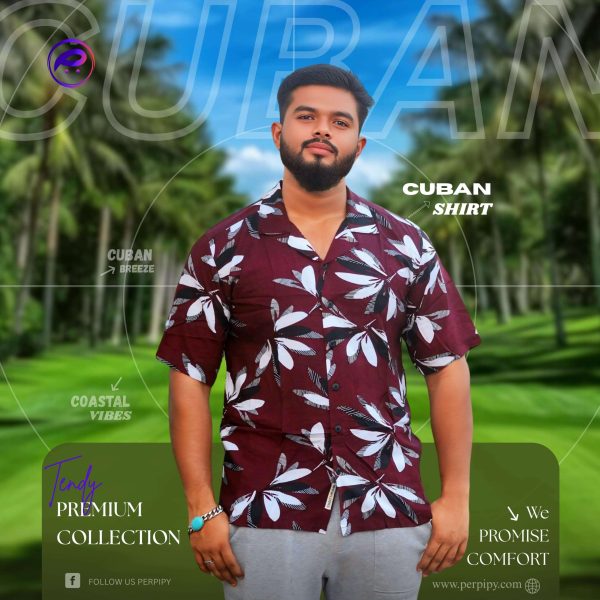 Cuban collar linen shirt PLS-01 ( Maroon Printed )