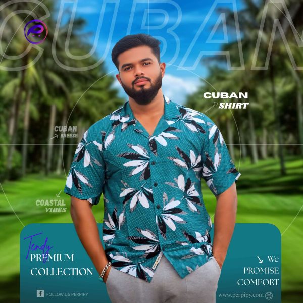 Cuban collar linen shirt PLS-03 ( Blue Printed )